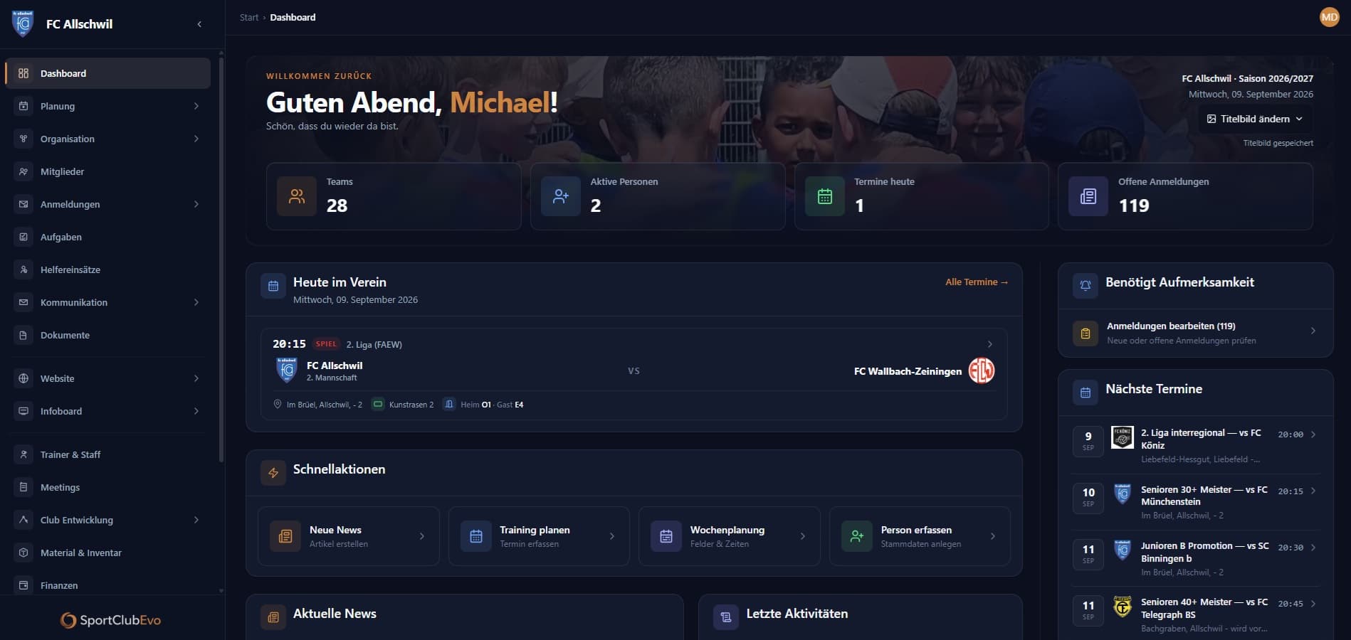 Tableau de bord WebApp SportClubEvo — centre opérationnel du club