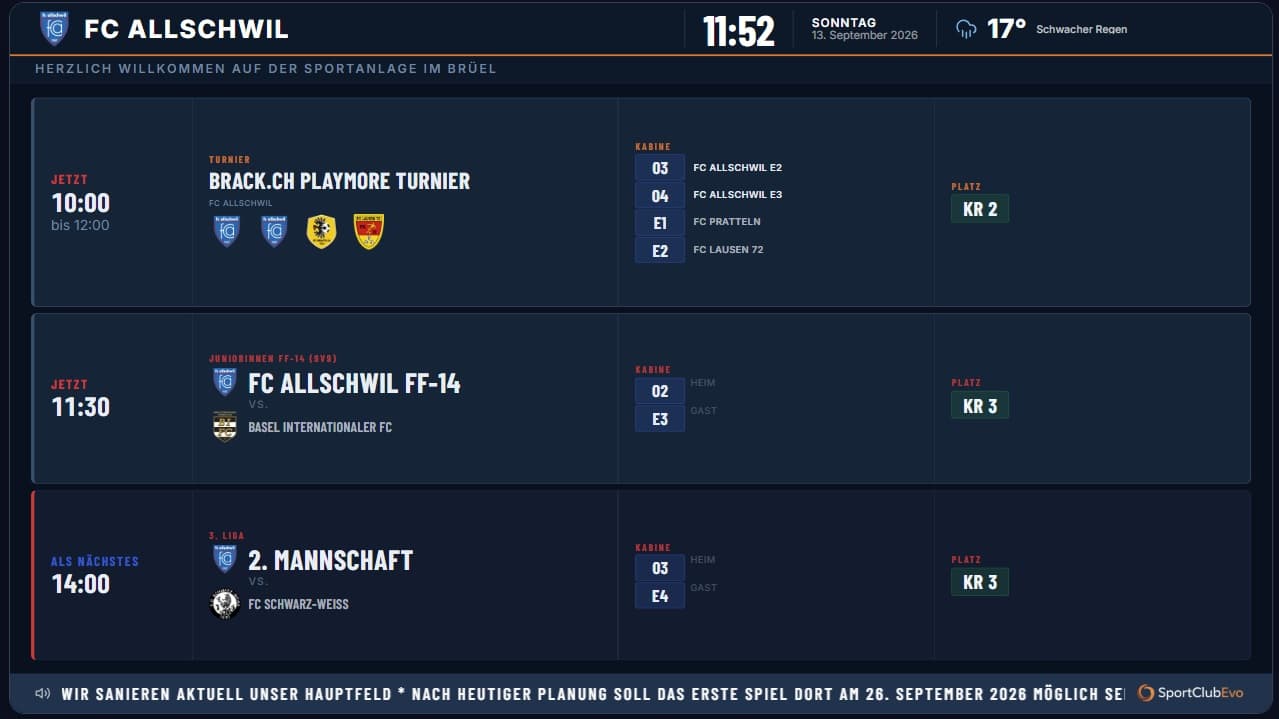 InfoBoard FC Allschwil — aperçu jour de match avec matchs, terrains et vestiaires
