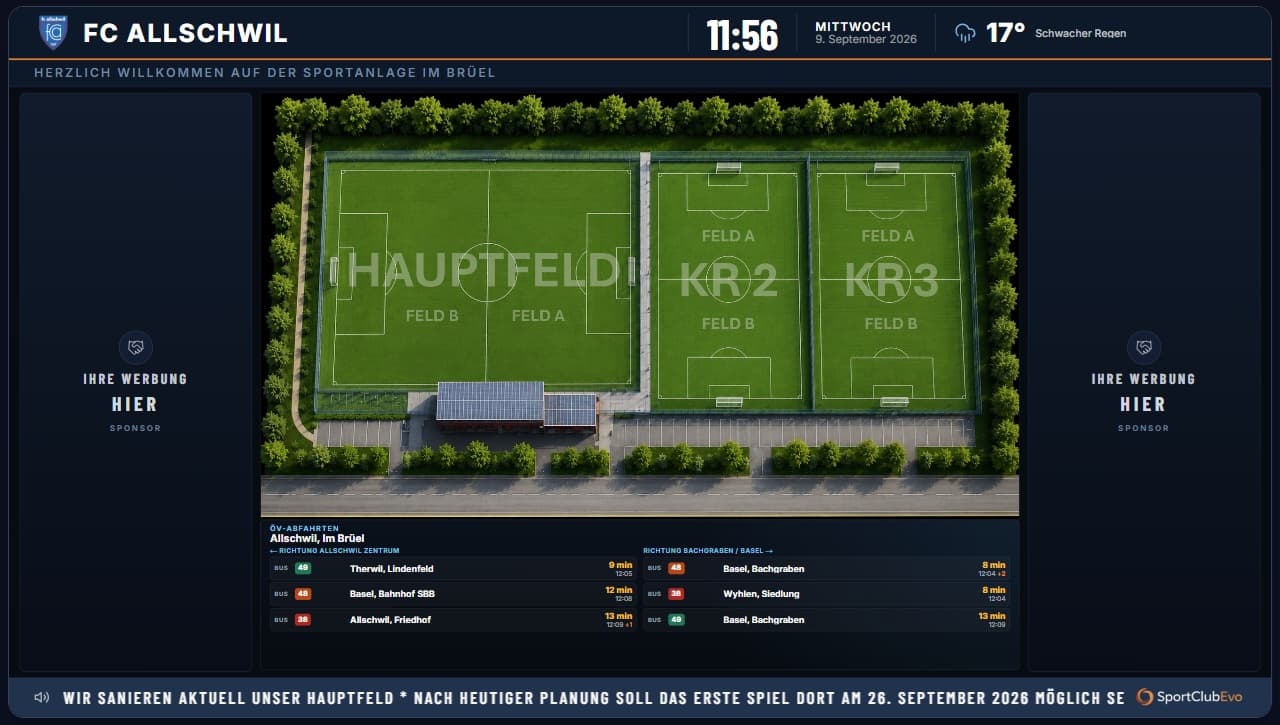 InfoBoard FC Allschwil — plan du site avec départs transports, sponsors et actualités du club